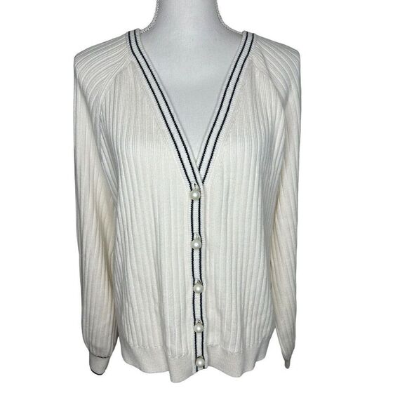 Talbots Ivory Pearl Button Knit Sweater Cardigan Jacket Ribbed Sz L - Picture 1 of 7